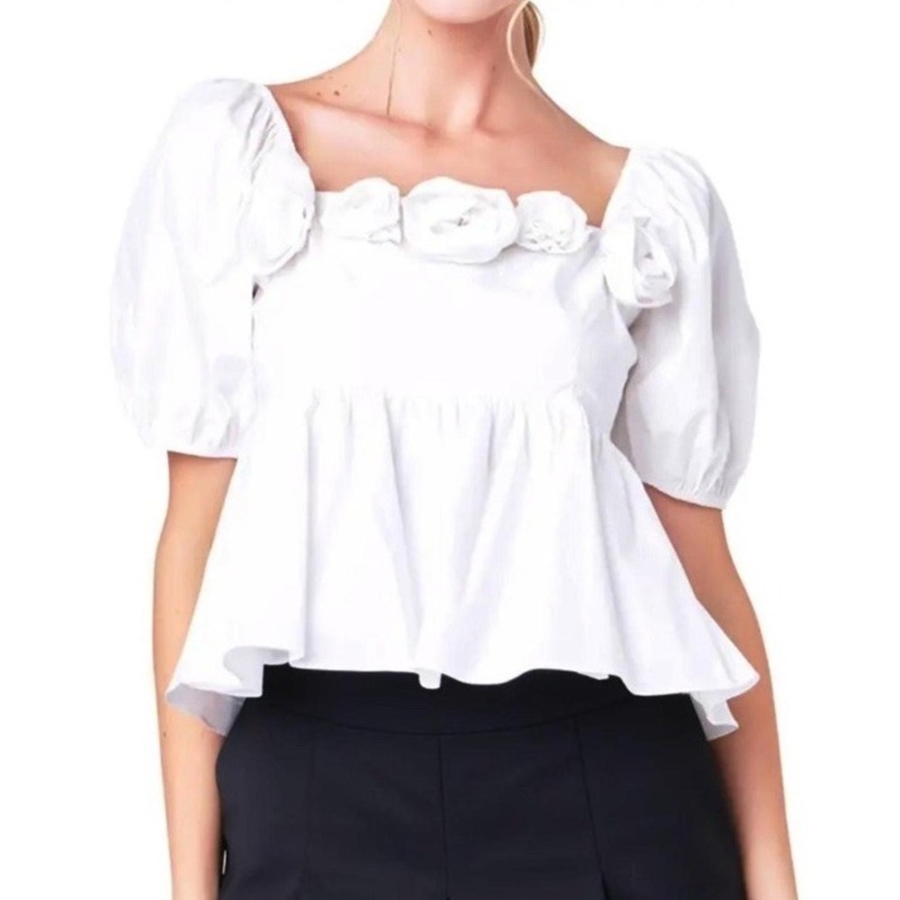 English Factory White Roses Puff Sleeve Top Blouse Size Small NWT Cotton Boho
